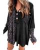 Black Leopard Patchwork Waffle Knit Buttoned Blouse
