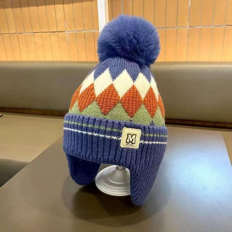 Winter Children's Warm Hats Autumn and Winter Boys and Girls Rhombus Windproof Ear Hats Baby Knitted Thickened Wool Hats