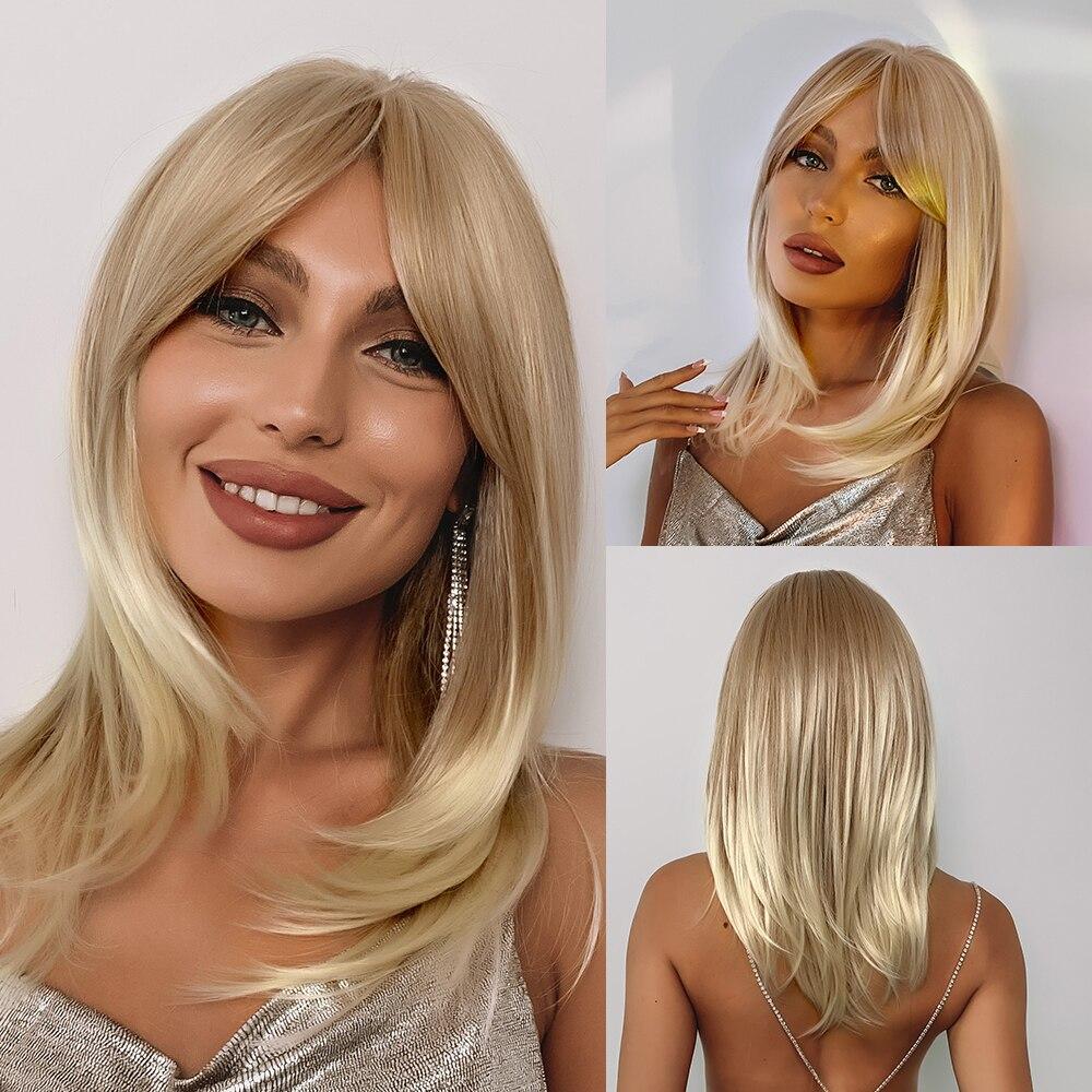 Long Brown Straight Layered Wig with Bangs Natural Looking Soft Synthetic Wigs Daily Party Use Fake Hair High Temperature Fiber