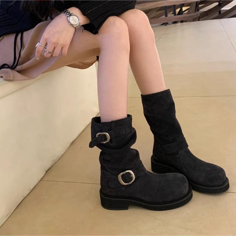 New Spot Grape Mother Same Marseille Diary Retro Metal Buckle Round Head Polished Martin Boots Leather Locomotive Pile