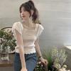 Summer Versatile Temperament Short Sleeved Small Fly Sleeve Ice Silk Knitted T-shirt French Collarbone Square Neck Top Slim Fit Short
