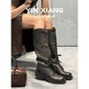 Cowhide Version~ Retro Leather Inner Height Increase 7cm Boots Fashion Boots Women's Old Knight Boots Belt Buckle Boots