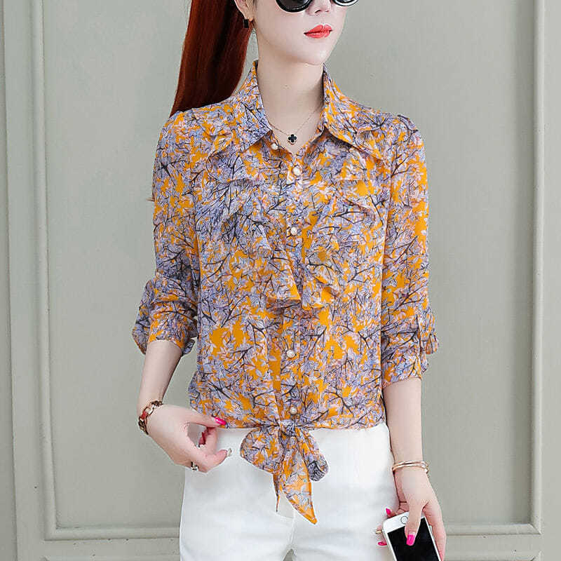 Women Elegant Print Chiffon Blouse Spring Summer Casual Long Sleeve Loose Shirt Office Lady Sweet Tops