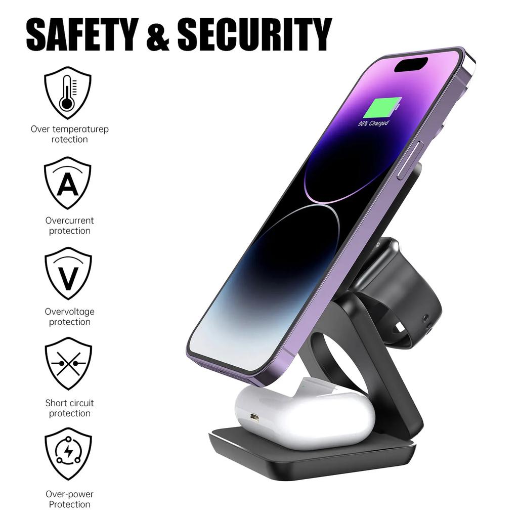 30W 3 In 1 Magnetic Wireless Charging Station For  Watch 7 6 Samsung Galaxy Watch 6 5 4 Active 2 For iPhone Samsung Charger