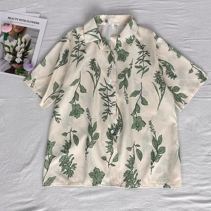 Leaf Printed Blouses Women Turn Down Collar Short Sleeve Elegant Shirts Casual Office Button Vintage Tops Autumn Blusas