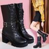 Fashion Chunky Heel Mid-calf Motorcycle Boots Women Winter High Heel Thick Bottom Black Women Boots Side Zip Leather PU Botas for Women