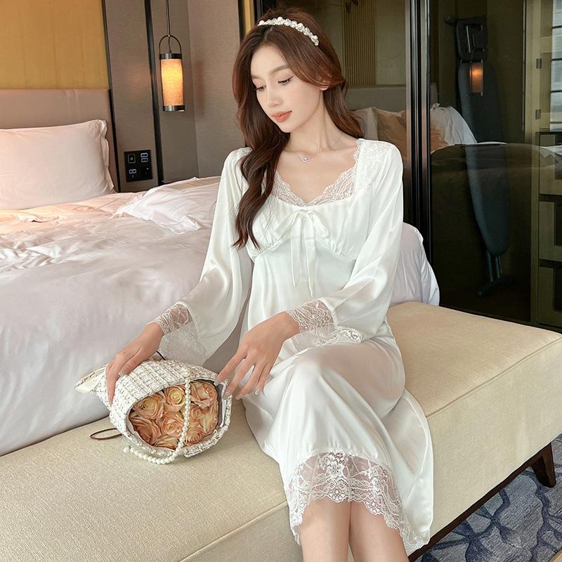 Women's Sexy Spring and Autumn Nightdress Ladies Sweet Lace Ice Silk Loungewear Long Sleeve Homewear