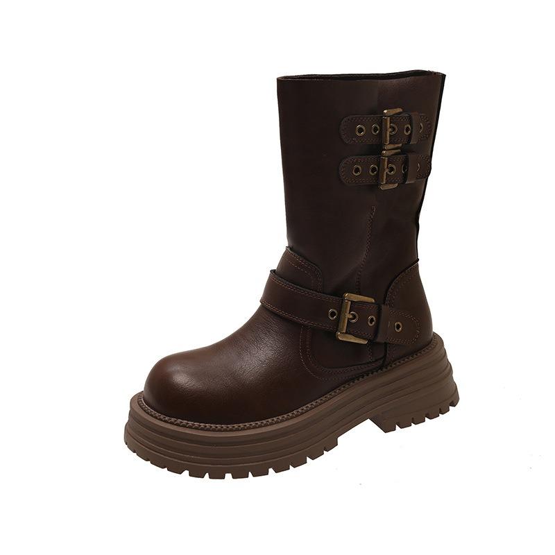 Martin Boots Women's Autumn and Winter New Thick Heel Belt Buckle Round Head Thick Sole Retro Western Cowboy Boots Locomotive Boots