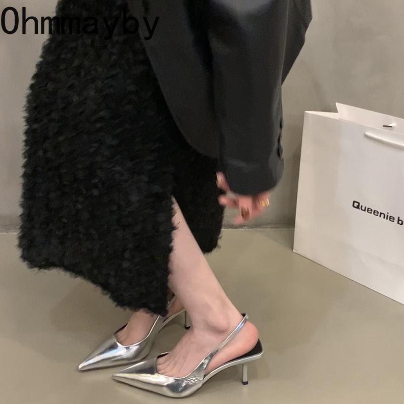 Summer High Heel Women Silvery Sandals Fashion Pointed Toe Slip On Shoes Ladies Elegant Stripper Party Sandalias