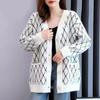 Diamond Sweater Cardigan Female 2023 Winter Mid Length V-neck Black and White Classic Color Knitted Cardigan Sweater Female