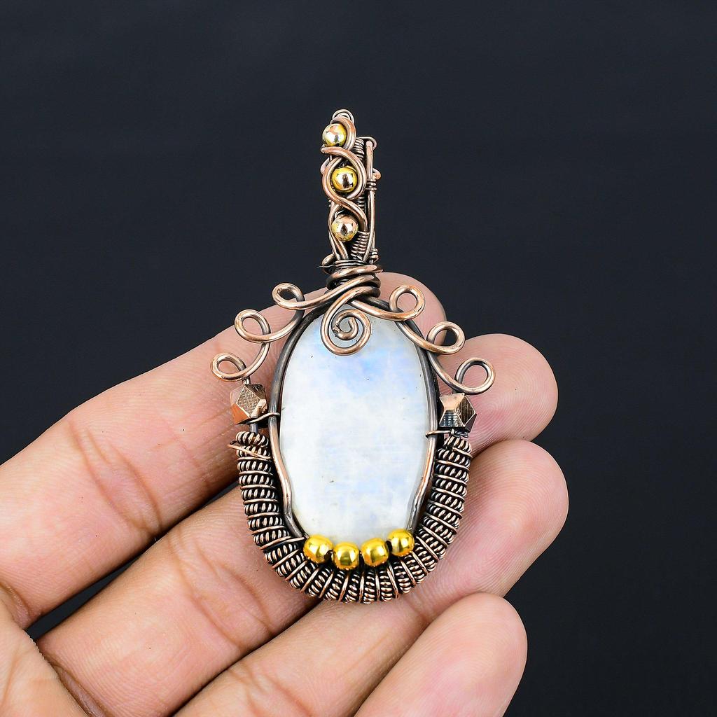 Unique Moonstone Gemstone Pure Copper Wire Wrapped Handmade Pendant Jewelry