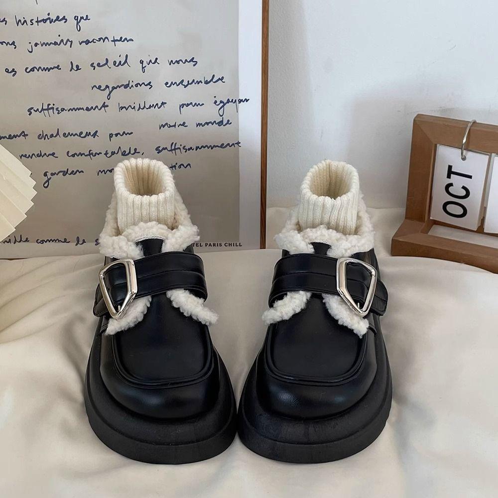 Platform Muffin Velvet Small Leather Shoes Women's 2025 New Autumn and Winter Warm Retro British Style Loafers Cotton Shoes Tide