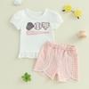 Baby Toddler Girl Shorts Set Baseball Embroidery Puff Sleeve Ruffle Tops Plaid Lace Trim Shorts 2 Piece Summer Outfit