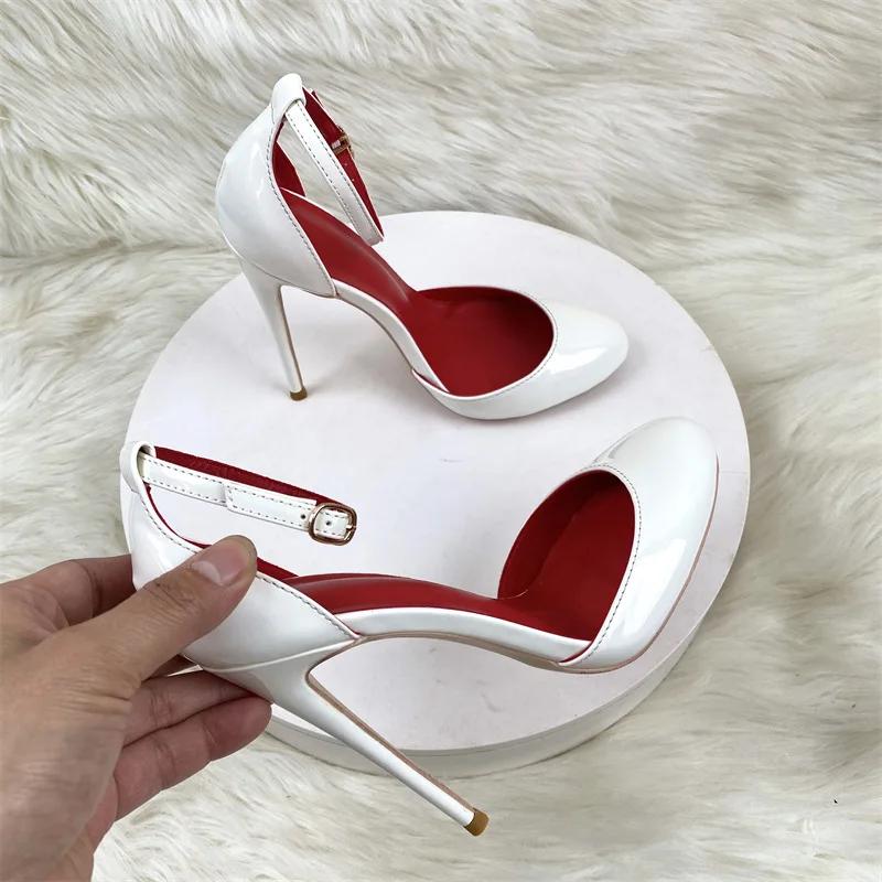 White Patent Leather Women Ankle Strap Stiletto Pumps Round HeadToe Sexy High Heel Shoes 10cm 12cm Customize 33-46 Zapatos Mujer