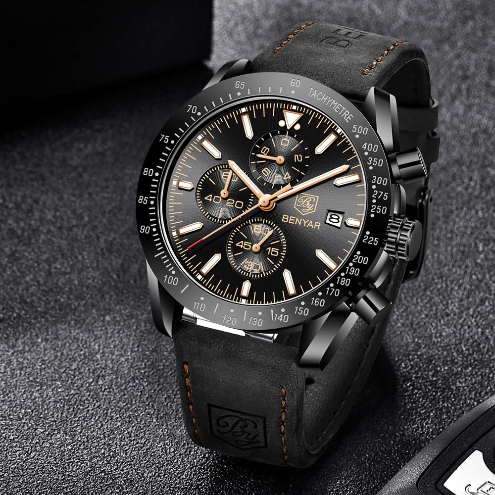BY BENYAR Watch Watch Chronograph Analog Watch 30M Water Resistant Business Simple Stylish Popular Formal Leather Belt Quartz Watch Gift for Men Brown