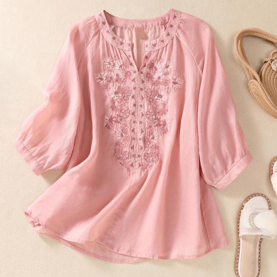 Summer Women Shirt V Neck Flower Embroidery Three Quarter Sleeves Loose Solid Color Retro Mother Mid-aged Female Daily Casual Blouse