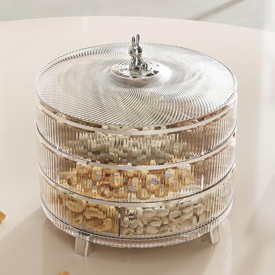 Triple Layer Divided Nut Serving Tray with Lid 360-degree Rotation Transparent Plastic Snack Platter Container BPA-Free Dried Fruit Storage