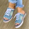 Women Canvas Flat Slipper Woman Lace Up Ladies Peep Toe New Women's Casual Female Fashion Denim Beach Shoes Plus Size 35-43
