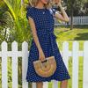 Women Polka Dot Print Midi Dress Crewneck Short Sleeve A-line Dress with Belt Summer Beach