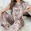 Women's Satin 2 Piece Autumn Short Sleeve Top & Long Pants Pj Sets Silky Sleepwear Loungewear for Ladies Home Clothes