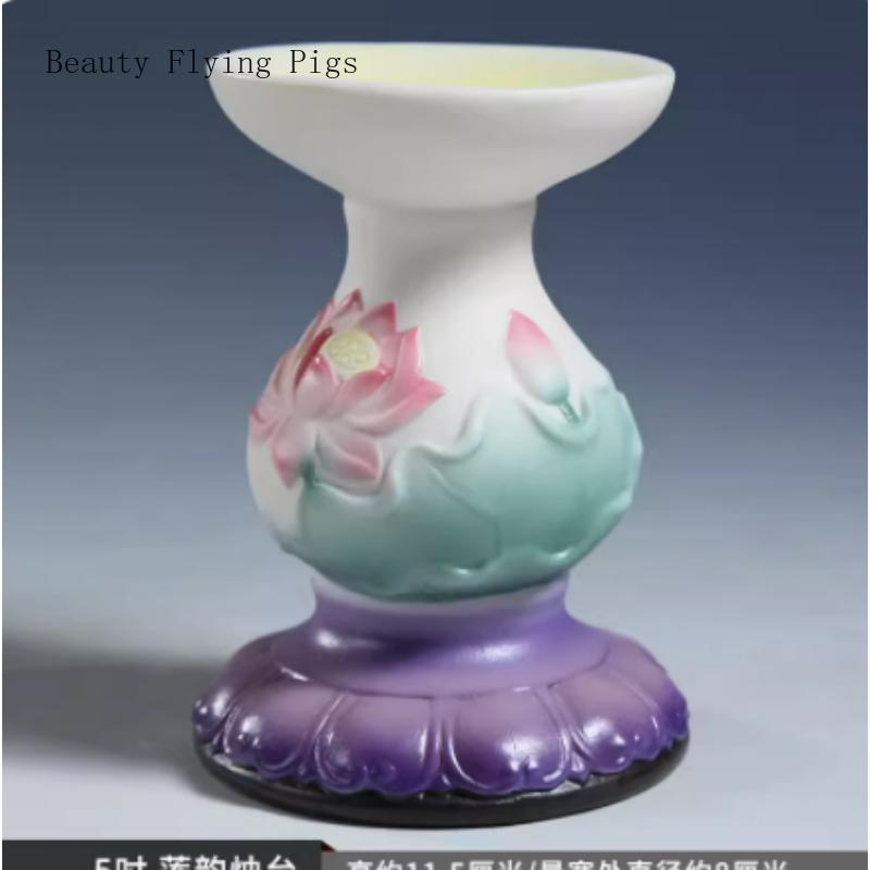 Chinese Creative Ceramic Relief Lotus Candlestick, Home Offering Butter Lamp for Buddha Lamp Base Feng Shui Buddhism