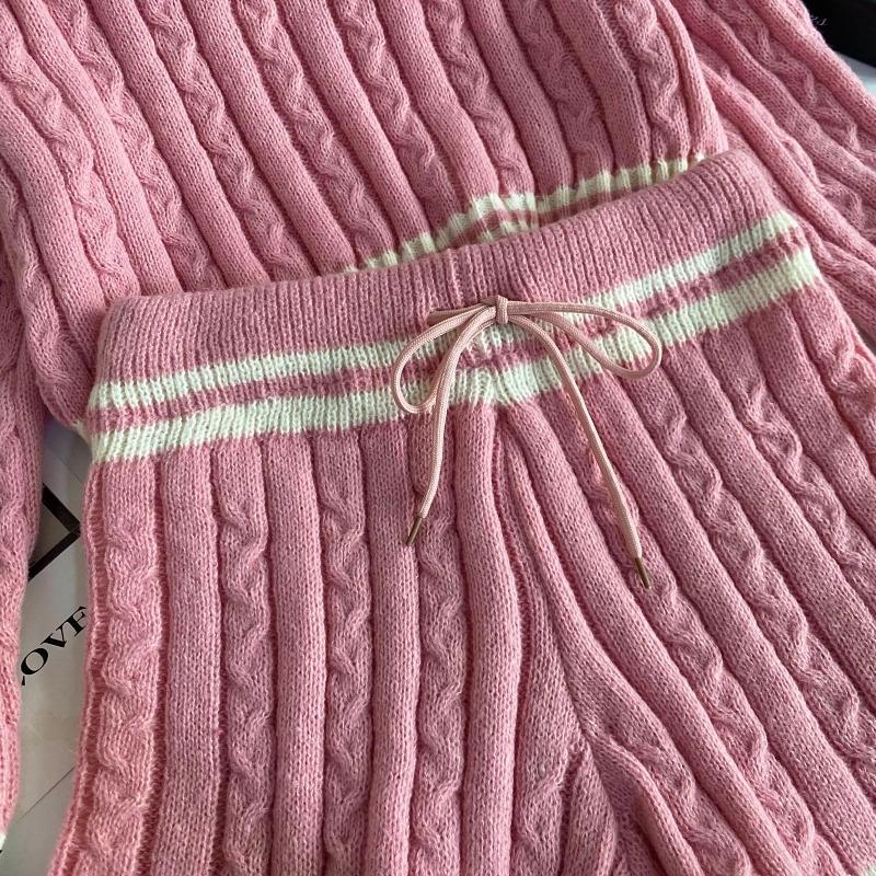 Autumn Winter Women Casual Twist Knitted Sweater Pant Two Piece Set Full Sleeve Zipper Pullover Tops and Elastic Waist Shorts Tracksuit