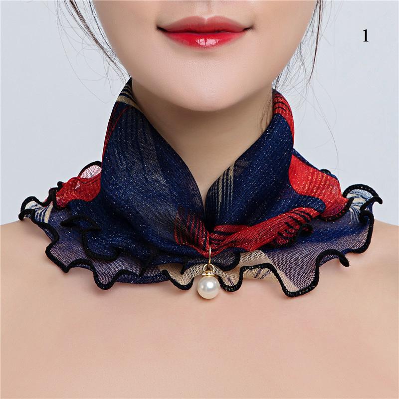 Mesh Pearl Pendant Fake Collar Elegant Printed Women False Collar Ruffle Lace Small Scarf Shiny Headware Dress Accessories