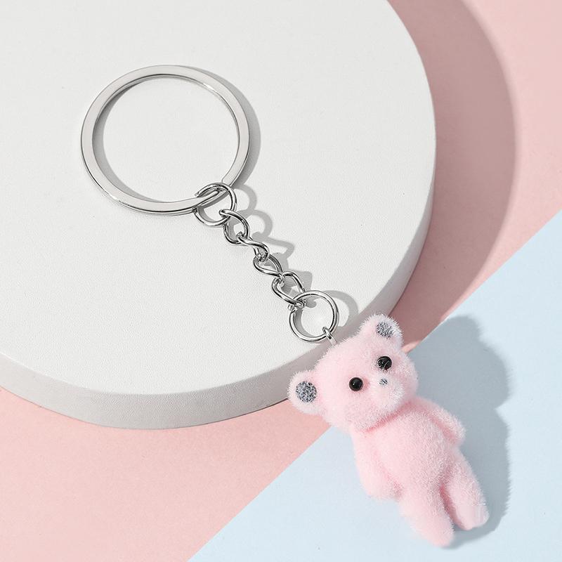 Cute 3D Flocking Kitten Small Bear Keychain Resin Cat Couple Mobile Phone Pendant Car Keyring Earphone Backpack Charms Bag Decor