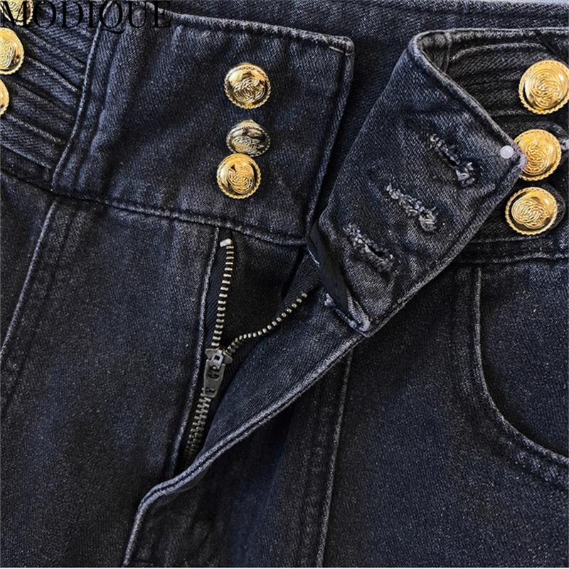 MODIQUE Spring Plus Size Women Vintage High Waist Elastic Straight Button Decoration Long Jeans Lady Basics Casual Pants Trousers