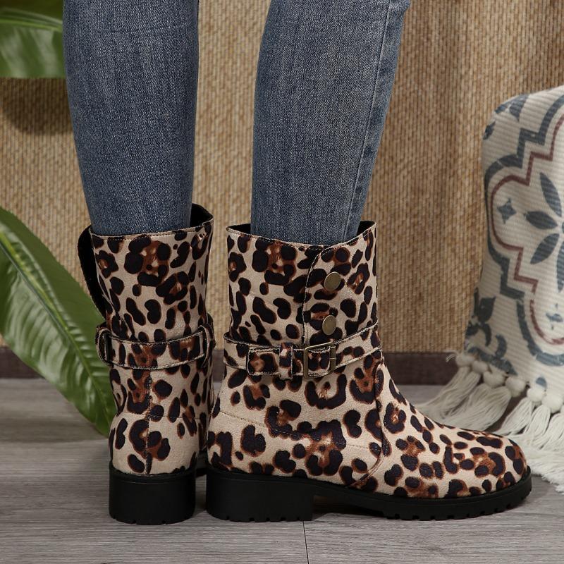 Fashion Women Suede Leopard Ankle Boots Winter Flats Shoes Woman 2025 Trend Fashion Designer New Retro Snow Motorcycle Boots Mujer Botas