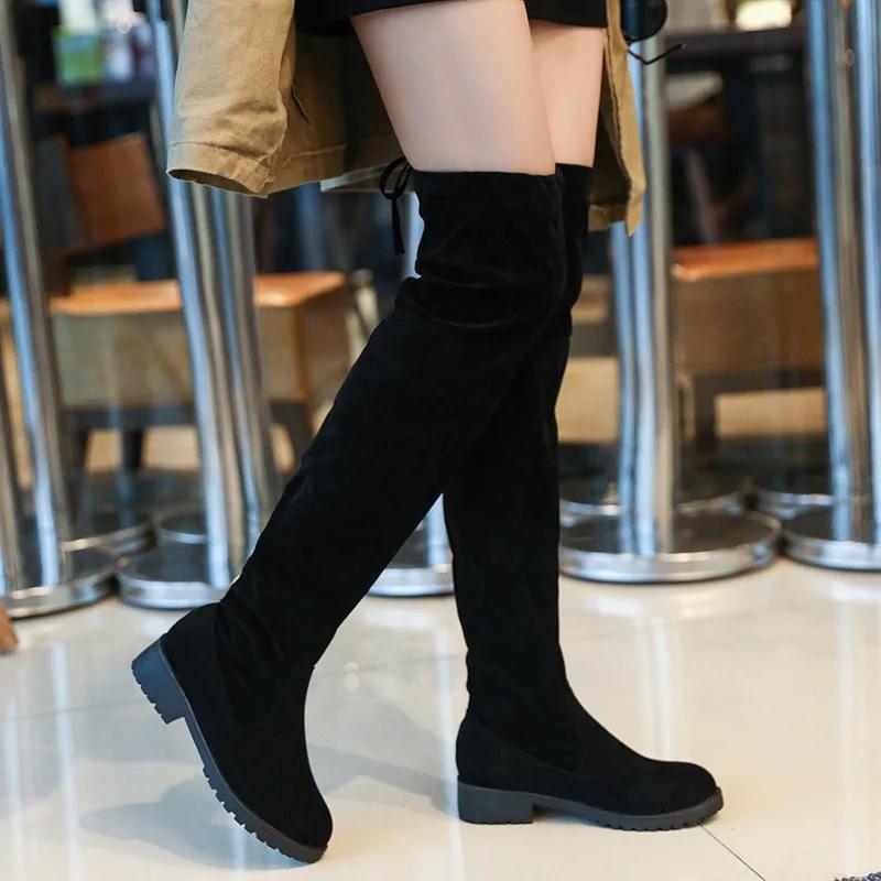 Faux Suede Female Heels Autumn Winter Elastic Knee-high Boots for Women Tube Lace-up Thigh Boots Black Botas
