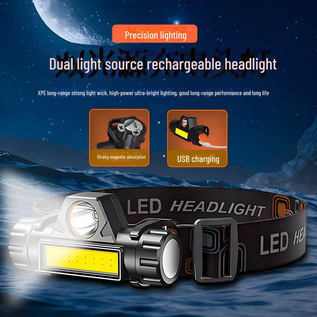 Rechargeable Dual Light Headlamp for Camping, Hiking, Night Fishing & Outdoor Work