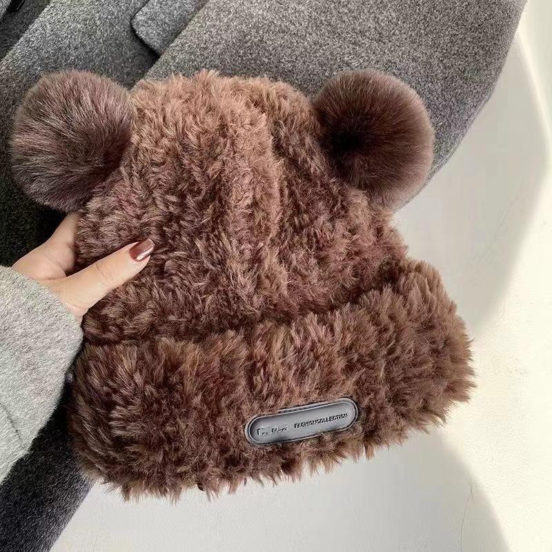 Cute Bear Ears Knitted Hat Children's Autumn and Winter New Soft Waxy Plush Big Head Circumference Warm Bag Head Wool Hat
