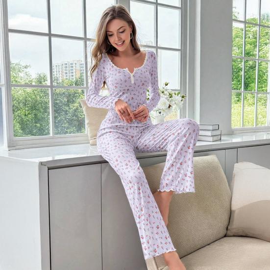 Women's Long Sleeve Pajama Set Ruffle Trim V Neck Crop Top And Wide Leg Pants Sleepwear Set Floral Print 2 Piece Pjs Set