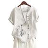 Women Fashion Cotton Linen Blouse Summer&fall Round Neck Short Sleeve Top Laides Casua Floral Print Loose T-shirt