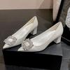 Autumn Fashion Pumps Pointed Toe Square Buckle Rhinestone Satin Women's Medium Heel Shoes Party Wedding Shoes Plus Size