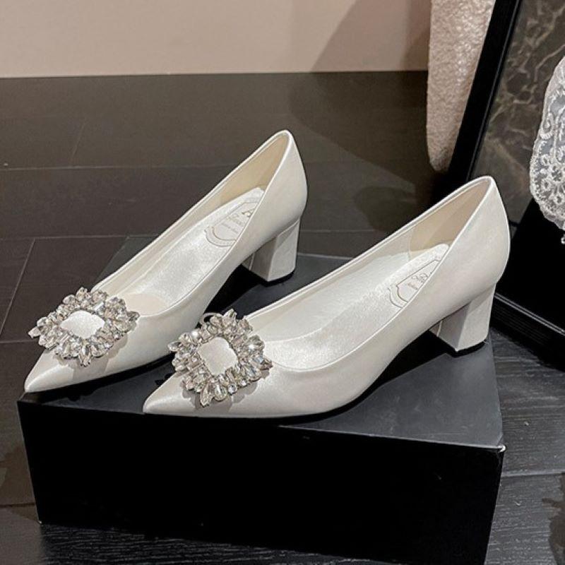 Autumn Fashion Pumps Pointed Toe Square Buckle Rhinestone Satin Women's Medium Heel Shoes Party Wedding Shoes Plus Size