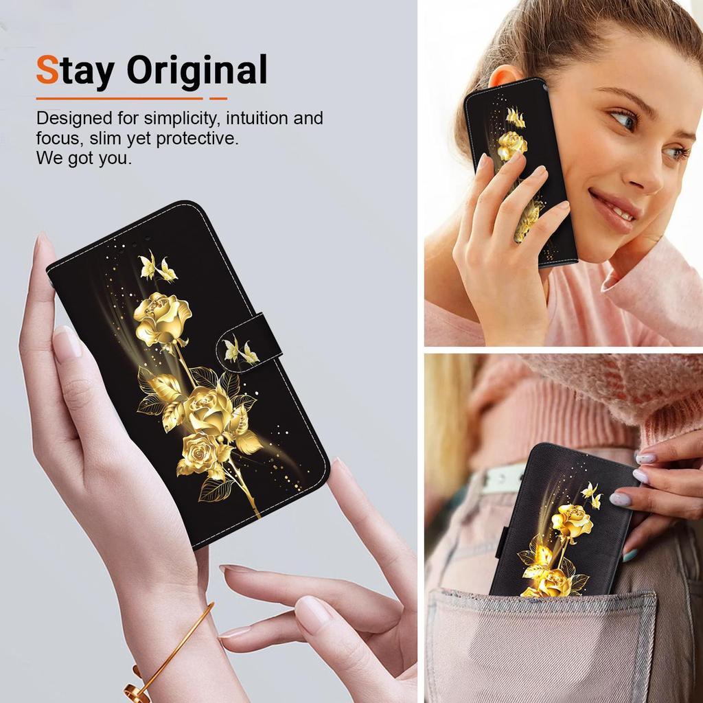 3D Abstract Art Painting Black Gold Rose Flower Leather Phone Wallet Case Book Stand For iPhone Girls Magnetic Card Flip Cover Bag AVE