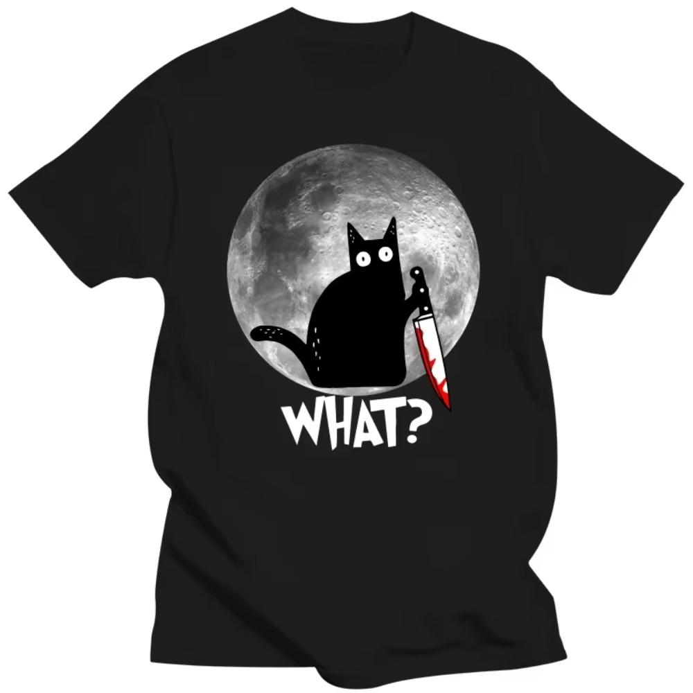 Fashion What Cat Full Moon T Shirts Men Short Sleeved Funny Halloween Black Tshirt Murderous Cat With Knife T-shirt Graphic Tee