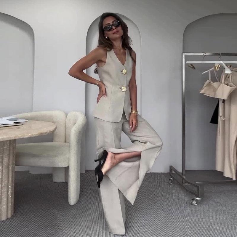 Casual V-Neck Vest Two-piece Suit Women Solid Button Sleeveless Tank Top High Waist Wide Leg Pants Slim Fit Office Lady Outfits
