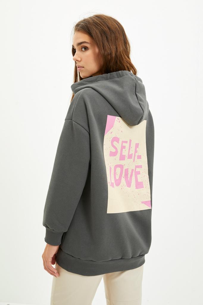 Women's Fashion Sweatshirt Hooded Long Emerald Green Regular Fit Embroidered Hooded Knitted Sweatshirt with Fleece Inside