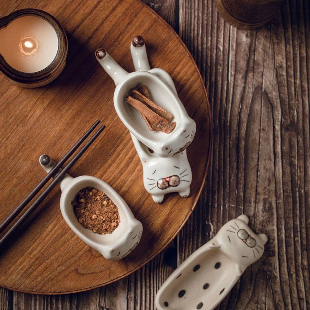 Cute Cat Ceramic Small Dish Mini Mustard Pesto Tomato Ketchup Soy Sauce Dish Seasoning Plates With Handle For Home Restaurant