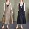 Summer Artistic Loose Solid Color Cotton Hemp V-neck Sleeveless Dress for Women Medium To Long Casual Dresses