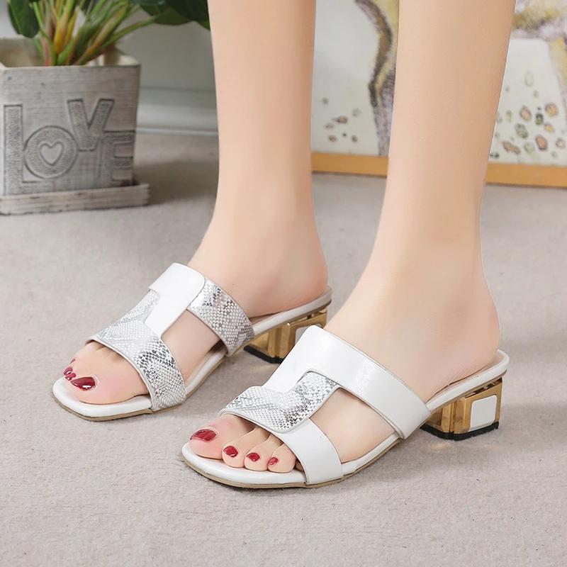 Maogu 2024 Female Slipper Leather Women Slippers Elegant Open Toe Shallow High-Heeled Slides Designer Sandals Summer Woman 43