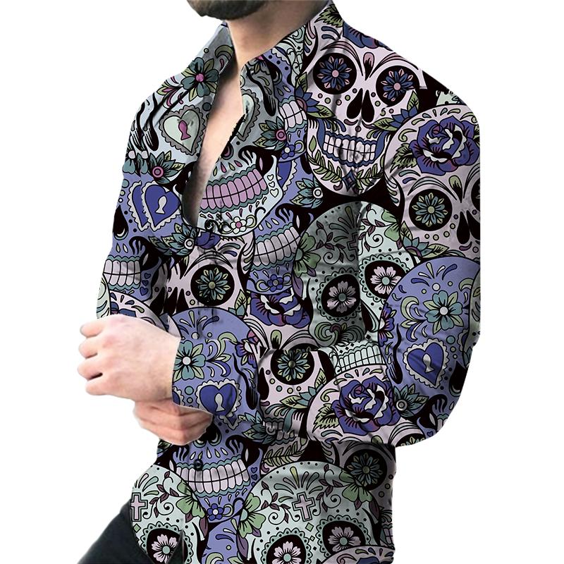 3D Skull Print Men's Long-sleeved Stretch Shirt Vacation Party Shirt