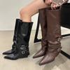 Women Leather High Boots Mid Heels Pointed Toe Buckle Shoes Woman Trend New Chelsea Boots Pumps Goth Fashion Mujer Snow Boots