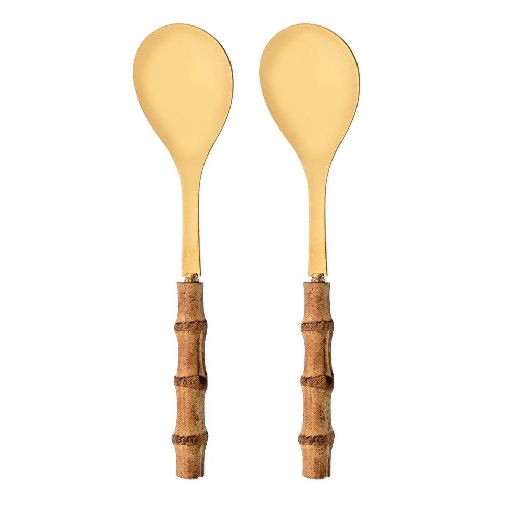 2Pcs Serving Utensils Cutlery 304 Stainless Steel Big Fork and Spoon with Natural Bamboo Handle Food Serving Salad Spork Server Spoon Tableware Set
