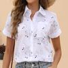 Cotton Linen Shirt Turn Down Collar Single Breasted Blouse Women White Yellow Blue Tops Summer Short Sleeve Floral Print Shirts