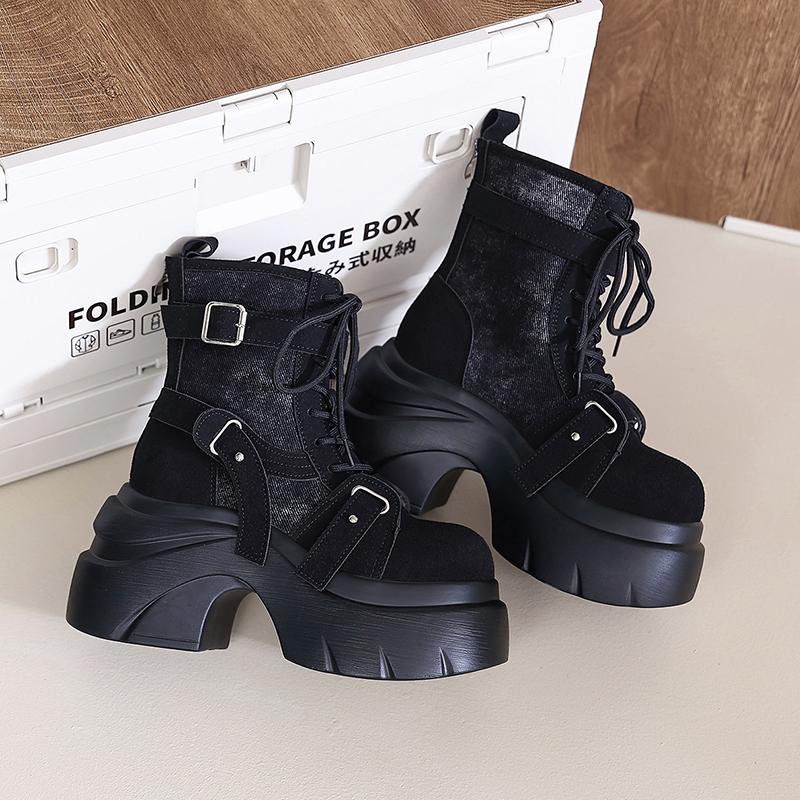 Fashion 9CM Autumn Winter Women's Gladiator Boots Chunky Heels Leather Punk Shoes Buckle Motorcycle Boots Goth Chelsea Mujer Zapatos