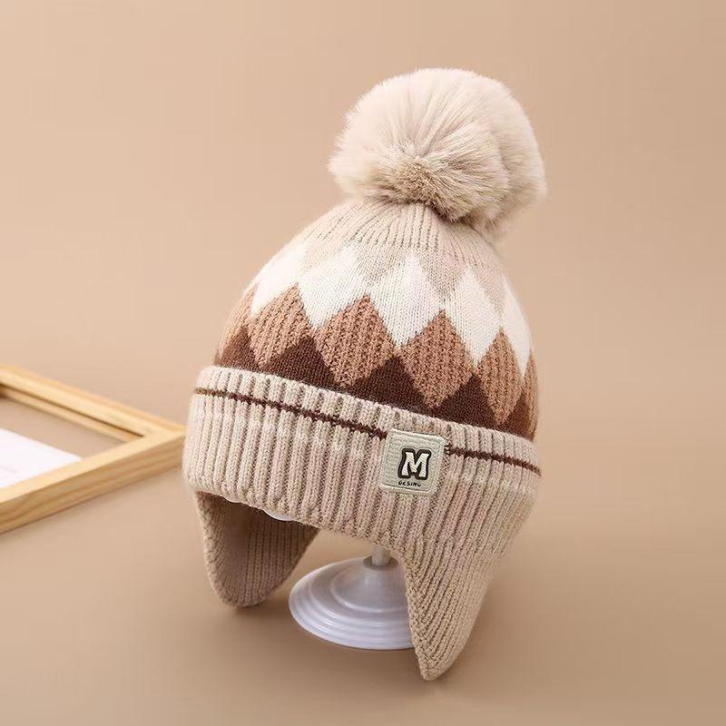 Winter Children's Warm Hats Autumn and Winter Boys and Girls Rhombus Windproof Ear Hats Baby Knitted Thickened Wool Hats